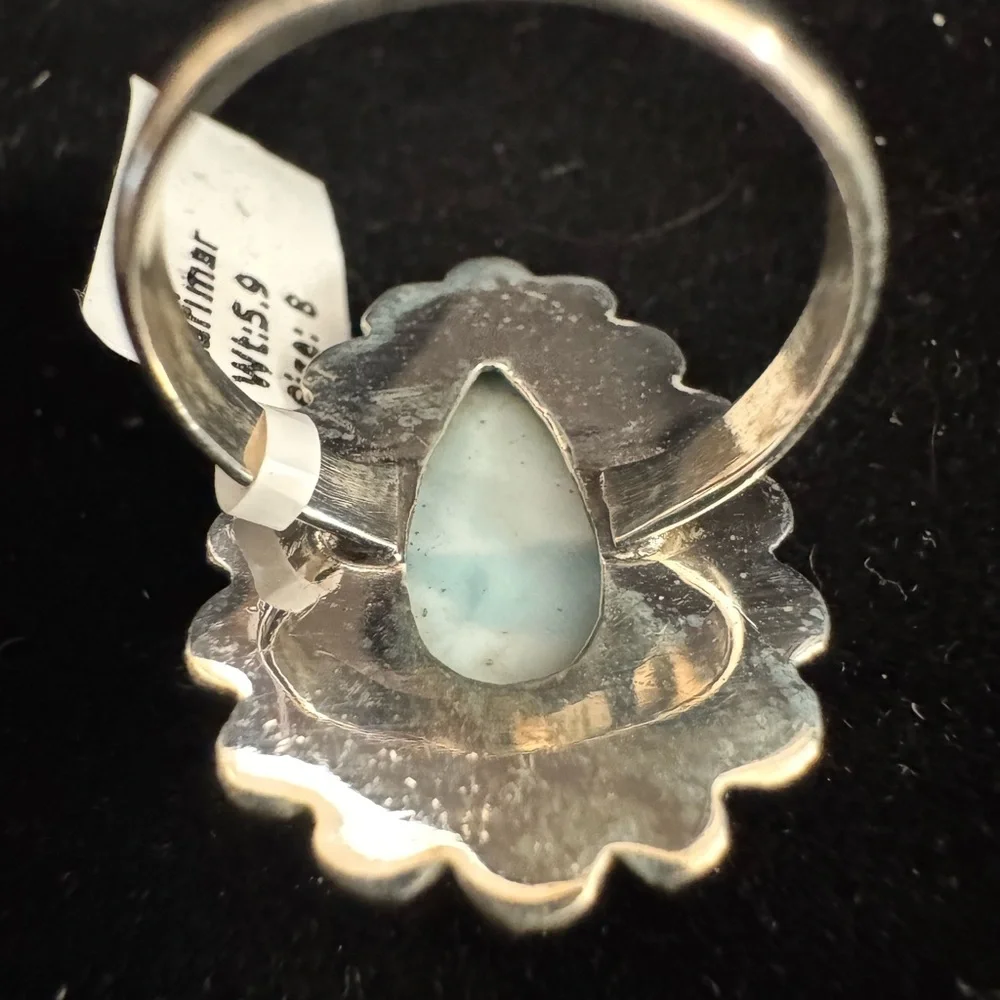 Elegant sterling Silver and genuine Blue larimar Teardrop‎ Ring